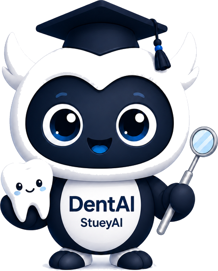 DentAI mascot — a friendly robot owl in a graduation cap holding a tooth and dental mirror
